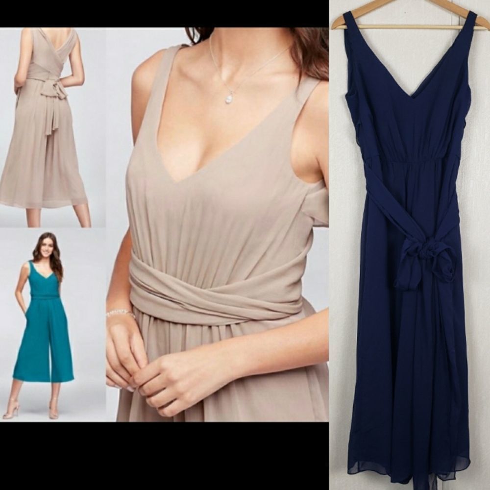 DAVID'S Bridal tie-back crinkle chiffon bridesmaid jumpsuit